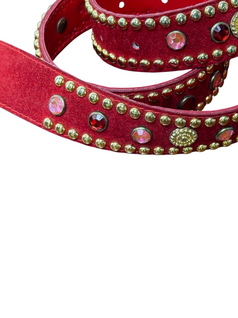 1990s bejeweled leather suede belt red with gold buckle by Gail Labelle Size S - Picture 2 of 10